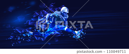 Dynamic image of young man, American football player in motion, running with ball on blue background with polygonal and fluid neon elements. Dynamic image of young man, American football player in motion, running with ball on blue background with polygonal and fluid neon elements. 110849711