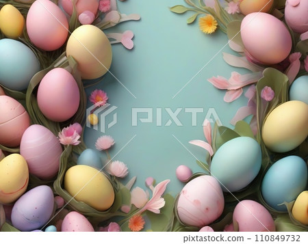 Colorful easter eggs and flowers on blue background, top view with copy space 110849732