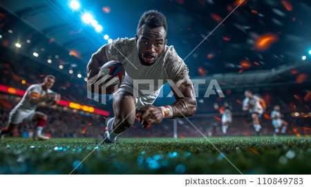 AI-generated content. View from above. Dynamic shot of main defender manages to take ball away from opponents and quickly runs towards their goal to score goal. 110849783