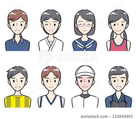 Icon set of men and women of junior high school and high school students wearing uniforms for club activities and club activities Icon set of men and women of junior high school and high school students wearing uniforms for club activities and club activities 110849893