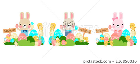 Easter bunny rabbits with baby chicks and Easter eggs, Welcome spring season 110850030