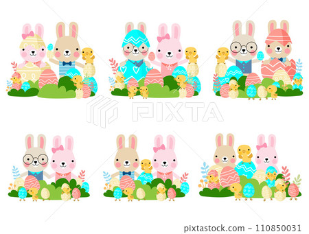 Easter bunny rabbits with baby chicks and Easter eggs, Welcome spring season Easter bunny rabbits with baby chicks and Easter eggs, Welcome spring season 110850031