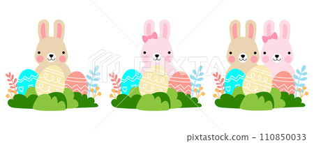 Easter bunny rabbits with baby chicks and Easter eggs, Welcome spring season 110850033