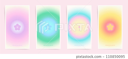 Set of spring backgrounds with circular gradient modern design. Vertical minimalist gradient story posts with text for covers, placards. Holographic aesthetic colorful spring sale creatives. 110850095