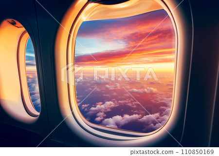 View from an airplane window, from an airplane cabin. 110850169