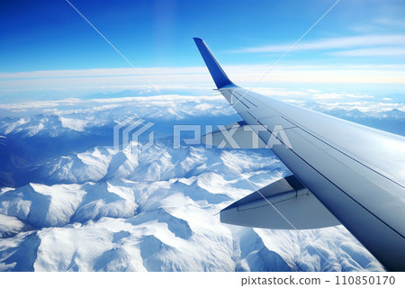 View from the airplane window, view of the airplane wing. 110850170