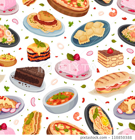 Italian Food Cuisine Seamless Pattern Design with Tasty Dish Vector Template 110850388