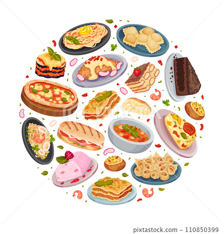Italian Food Cuisine Round Composition Design with Tasty Dish Vector Template 110850399
