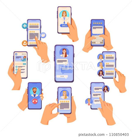 Hand Hold Smartphone Device Connect with Hospital Vector Illustration Set 110850403