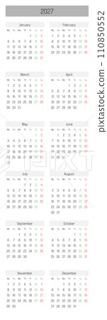 Monthly calendar of year 2027. Week starts on Monday. Block of months in two columns vertical arrangement. Simple thin minimalist design. Vector illustration. 110850552