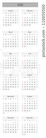 Monthly calendar of year 2029. Week starts on Sunday. Block of months in two columns vertical arrangement. Simple thin minimalist design. Vector illustration. 110850560