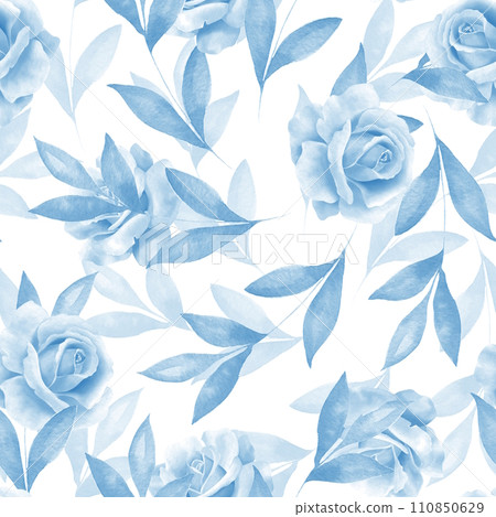 Blue monochrome seamless pattern with rose flowers. Romantic vintage fabric design 110850629
