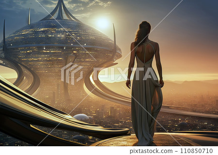 Back View of a Woman in a Backless Long Dress Gazing at a Futuristic City from a Platform 110850710