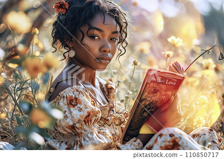 Young Black Woman Reads a Book about Self-Love on a Sunny Flower Meadow 110850717