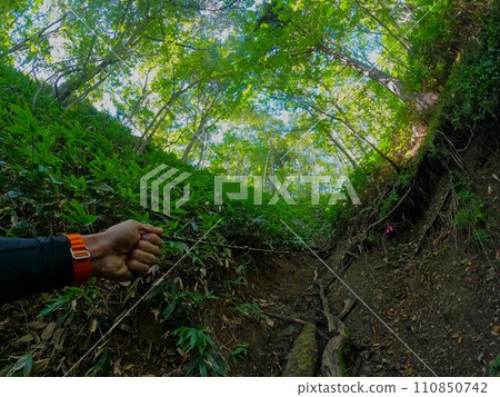A climber's hand pulling the rope on the trail to the pass to Petegari Mountain Lodge 110850742