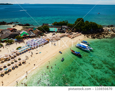 Aerial view drone shot of Amazing small island beautiful tropical sandy beach landscape view at koh Khai maew Island in Phang Nga Thailand,Amazing small island with many Cats live in small island Aerial view drone shot of Amazing small island beautiful tropical sandy beach landscape view at koh Khai maew Island in Phang Nga Thailand,Amazing small island with many Cats live in small island 110850870