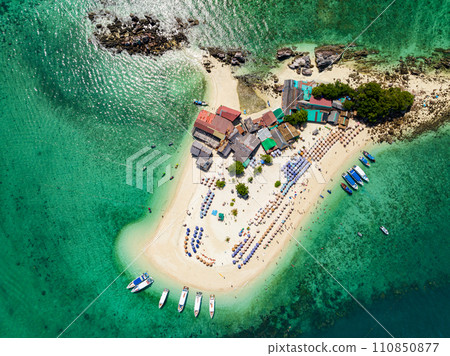 Aerial view drone shot of Amazing small island beautiful tropical sandy beach landscape view at koh Khai maew Island in Phang Nga Thailand,Amazing small island with many Cats live in small island 110850877