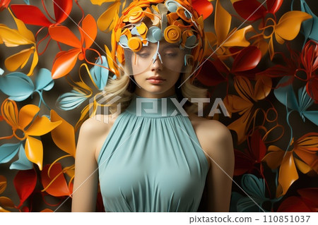 AI-generated content. A futuristically designed migraine masks. A women wearing the mask experiences the soothing and therapeutic benefits of migraine masks. 110851037