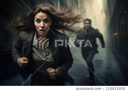 AI-generated content. Woman wearing a jacket runs away from a criminal or maniac on a narrow, dark street. The image evokes a sense of danger, fear, and urgency in a gripping narrative. 110851038