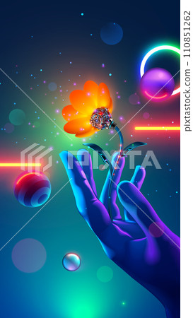 Robotic flower in hand. Valentine day Card or March 8 in computer technology style, artificial intelligence or AI. Artificial robotic flower. Hand gives AI electronic flower. Vector Valentine day card 110851262
