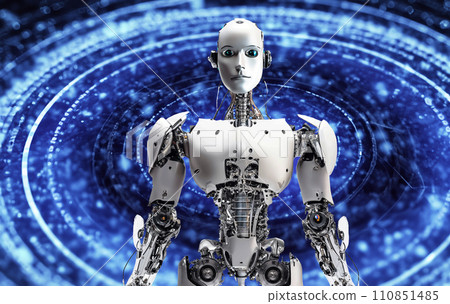 Robot that operates a digital display, future working robot, android, humanoid Robot that operates a digital display, future working robot, android, humanoid 110851485