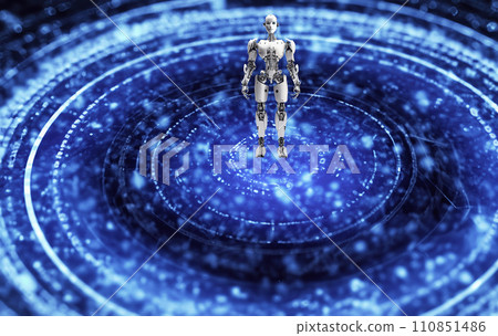 Robot that operates a digital display, future working robot, android, humanoid 110851486