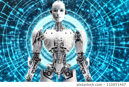 Robot that operates a digital display, future working robot, android, humanoid Robot that operates a digital display, future working robot, android, humanoid 110851487