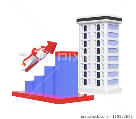 3d charts graph with rocket, arrow, condominium building, analysis business financial data. business strategy concept, 3d render illustration 110851691