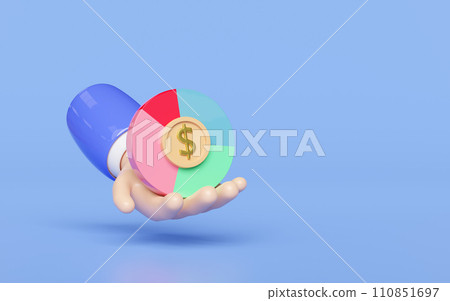 3d pie chart in hands with coin dollar, analysis business financial data. business strategy concept, 3d render illustration 3d pie chart in hands with coin dollar, analysis business financial data. business strategy concept, 3d render illustration 110851697