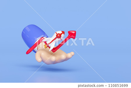 3d charts graph in hands with rocket, analysis business financial data. business strategy concept, 3d render illustration 110851699