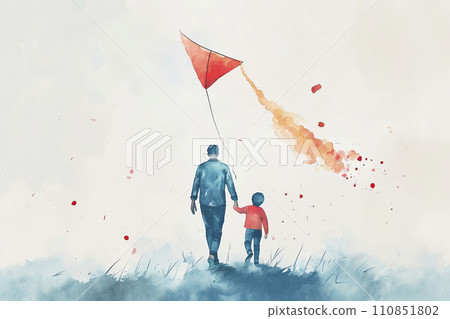 illustration of a father flying a kite with his son.Father's day concept illustration of a father flying a kite with his son.Father's day concept 110851802