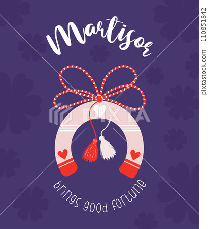 Martisor holiday. Martenitsa, Red and white thread amulet hanging on horseshoe. Moldovan, Romanian and Bulgarian symbol symbol for spring beginning. 110851842