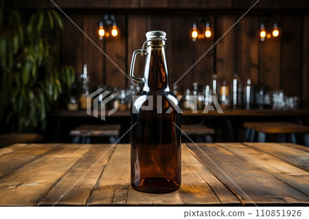 One bottle of dark beer is on the table. 110851926