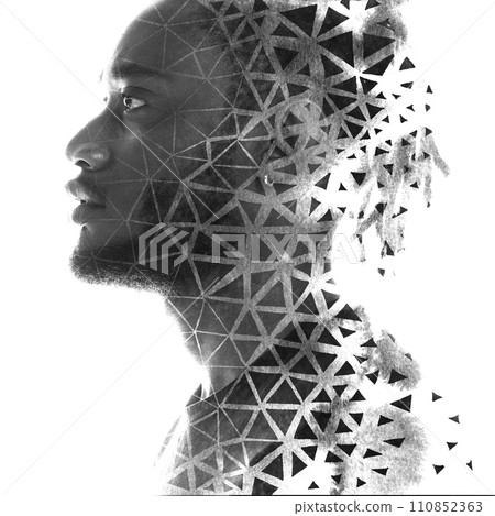 A close-up paintography double exposure portrait of a man's profile A close-up paintography double exposure portrait of a man's profile 110852363