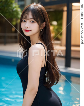 穿著黑色洋裝微笑的長髮女子“AI生成圖像” 110852402