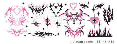 Y2k tattoo sticker set, gothic heart silhouette, Neo tribal aesthetic icon, butterfly, stars, fire.  110852715
