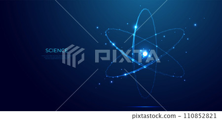 Abstract atom cosmic symbol. Nuclear science concept. Blue background Abstract atom cosmic symbol. Nuclear science concept. Blue background 110852821
