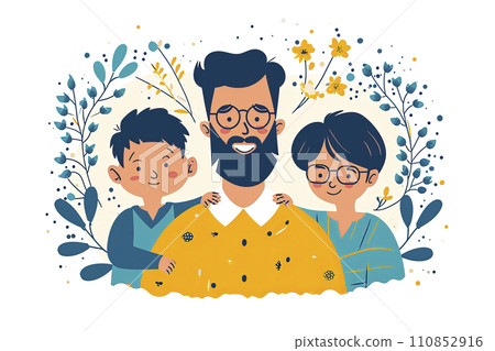 Handsome man with his children. Happy fathers day card. flat cartoon style. Vector illustration 110852916