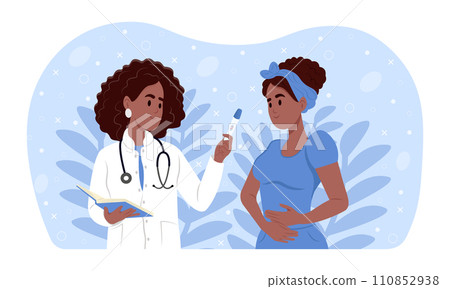 A woman at a consultation with a gynecologist. A pregnancy test with two lines in the hands of a doctor. A positive pregnancy test result. Child planning, motherhood. 110852938