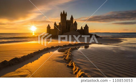 Sunset and sand castle AI generated image 110853053