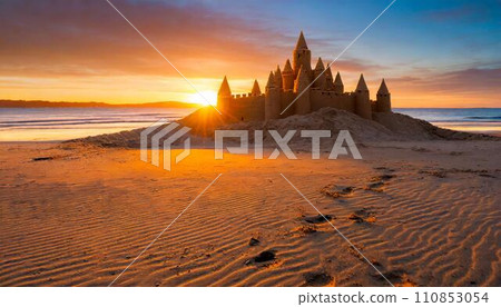 Sunset and sand castle AI generated image 110853054