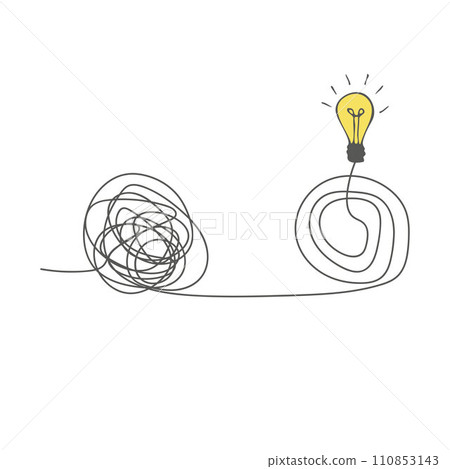 The way to solve a complex idea, mentoring. The concept of confusion turning into a light bulb. Untangle the curve. Understand the meaning. Doodle vector illustration 110853143
