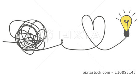 The way to solve a complex idea, mentoring. The concept of confusion turning into a light bulb. Untangle the curve. Understand the meaning. Doodle vector illustration The way to solve a complex idea, mentoring. The concept of confusion turning into a light bulb. Untangle the curve. Understand the meaning. Doodle vector illustration 110853145