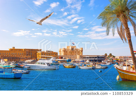 Qaitbay Fortress and Alexandria boat harbour, Mediterranean sea, Egypt 110853329