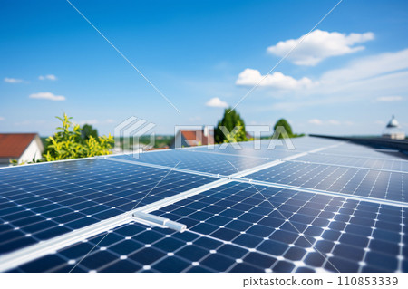 Solar panels on the roof of the house, home solar electric system, renewable alternative energy and sustainability concept. generative ai 110853339