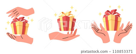 Set of hands that hold gift boxes. wrapped containers with ribbons. Shopping and holiday purchase symbol. Give and take presents. Birthday surprise. Cartoon flat isolated vector concept 110853371