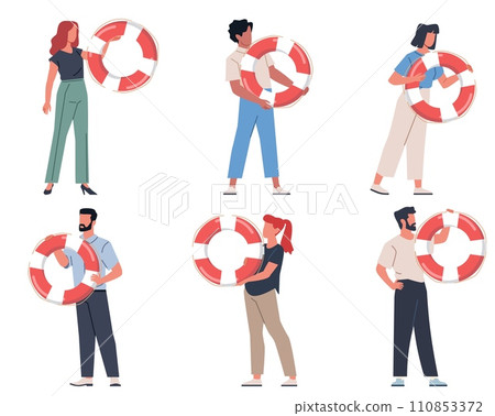 Set of men and women with life preservers in their hands. Help and safety symbol. Lifebuoy in people hand. Support in crisis situations. Vector cartoon flat isolated illustration Set of men and women with life preservers in their hands. Help and safety symbol. Lifebuoy in people hand. Support in crisis situations. Vector cartoon flat isolated illustration 110853372