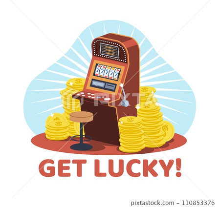 Try your luck with slot machine at casino. Stack of golden coins. Gambling poster. Online bingo game. 777 jackpot. Winner prize. Promotional card. Cartoon flat isolated vector concept 110853376