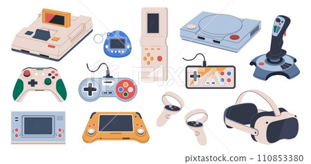 Video game devices. Remote controllers of game characters, retro and contemporary playing gadgets and consoles, gamers accessories, gamepads cartoon flat isolated nowaday vector set 110853380