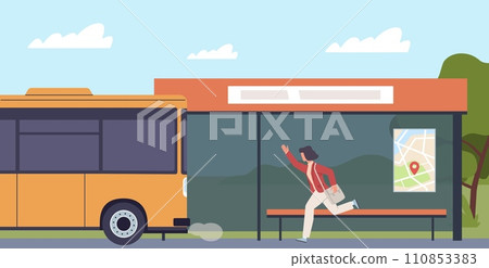 Woman is late for bus and runs after him. Girl running, public transport transportation station. Hurrying female character, passenger waving hand gesture. Cartoon flat vector concept Woman is late for bus and runs after him. Girl running, public transport transportation station. Hurrying female character, passenger waving hand gesture. Cartoon flat vector concept 110853383